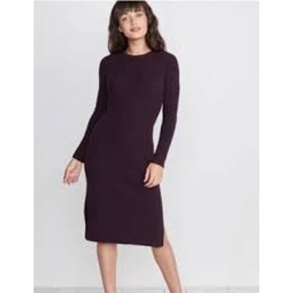 MARINE LAYER Ribbed Midi Sweater Dress Deep Purple Plum Cozy Merino Wool Small S - Picture 2 of 5